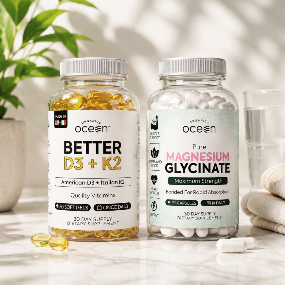 Organics Ocean Muscle, Bone, Heart & Sleep Wellness Bundle – Chelated Magnesium Glycinate with Zinc & VIT D3 and K2 Supplements for Muscle Function, Calcium Absorption & Vascular Health