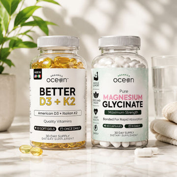 Organics Ocean Muscle, Bone, Heart & Sleep Wellness Bundle – Chelated Magnesium Glycinate with Zinc & VIT D3 and K2 Supplements for Muscle Function, Calcium Absorption & Vascular Health